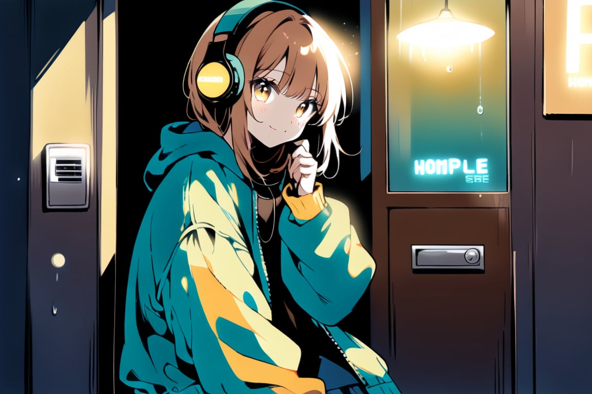 
An American manga-style illustration with a retro 1990s aesthetic. The scene features a calm and serene K-pop idol with long, side-parted brown hair and oversized vintage headphones. She is homeless, looking for help, She's leaning against the entrance of a cosy, dimly lit café, with soft lighting coming through, creating a peaceful atmosphere on a rainy day. The idol has a gentle smile, and her pose reflects a sorrowful mood.