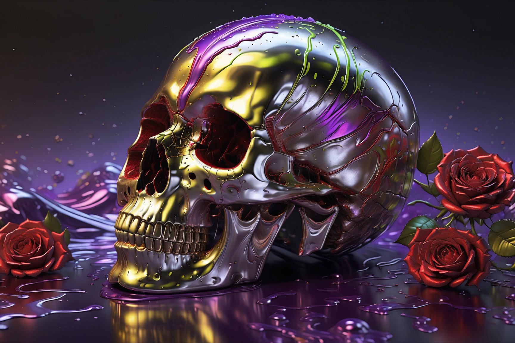 Shiny Metallic, 3d thick paint pouring over a full sized skull  coloured gold lime green purple and vibrant red, photorealistic, 8k, Sharp, in focus, detailed, bright, photorealistic, with red roses. photorealistic, 8k, Sharp, in focus, detailed, bright,  with a yellow ball with a black smiley face  with a black neon  background, cinema 4 d, 3D render, computer art