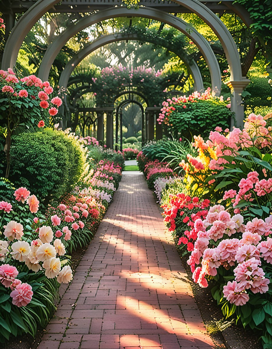 Serene morning sunlight casts warm rays upon a lush flower garden, framing vibrant blooms in velvety red, soft pink, and sunshine yellow hues against emerald green foliage. Delicate petals unfurl amidst artfully arranged leaves, capturing the gentle rustle of whispers carried on a subtle breeze within the tranquil atmosphere.