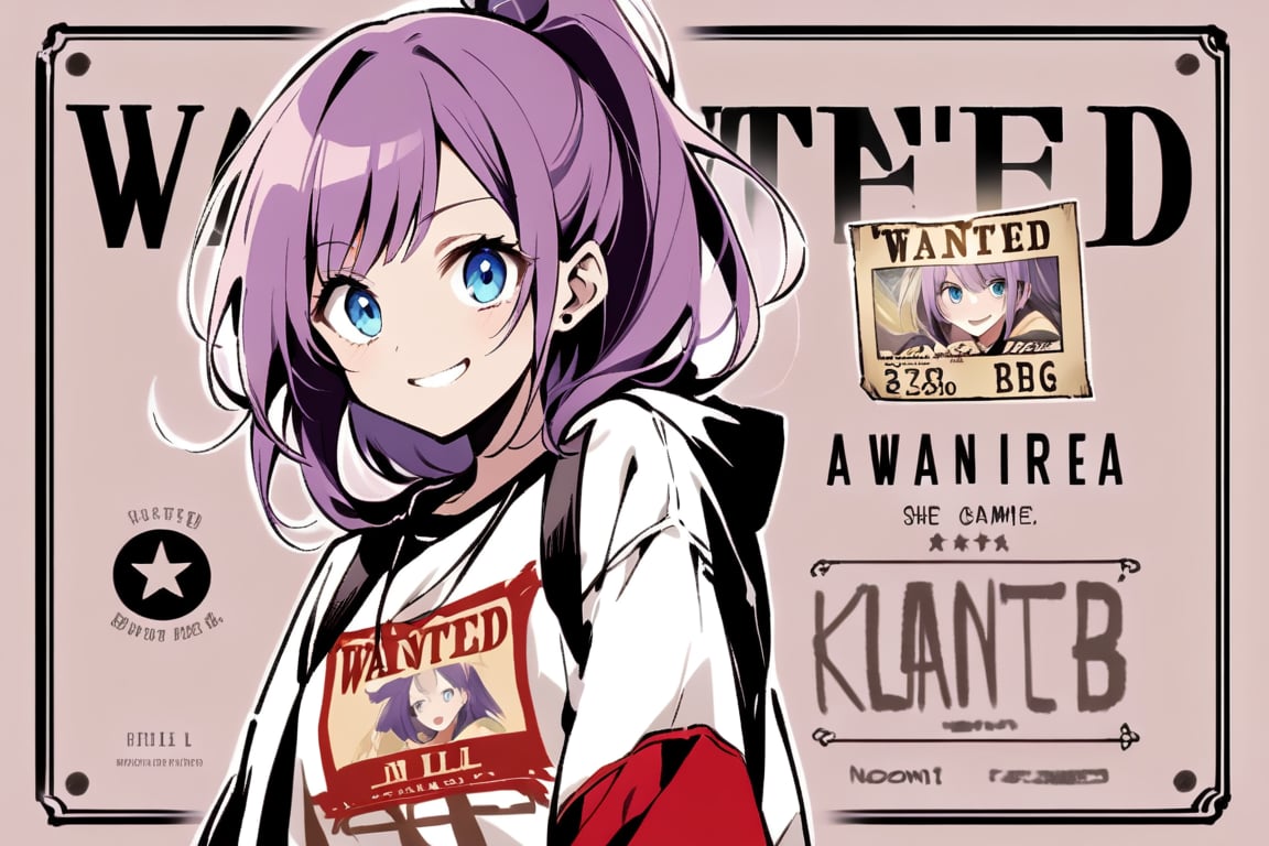 
Create a "wanted poster" in one-piece anime style, featuring "Nozomi Hikaru" with an energetic expression, purple hair, and blue eyes, she carries a big smile. she is wearing streetwear. there will be a frame all around the image.