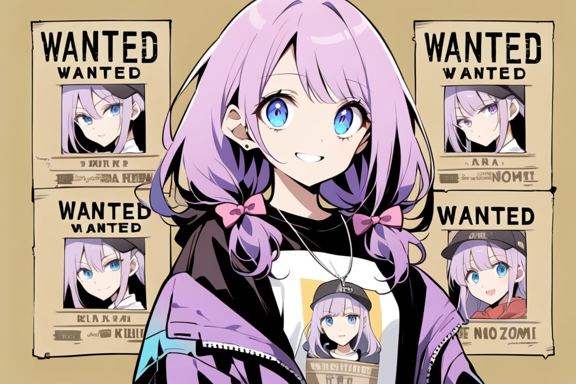 
Create a "wanted poster" in one-piece anime style, featuring "Nozomi Hikaru" with an energetic expression, purple hair, and blue eyes, she carries a big smile. she is wearing streetwear. there will be a frame all around the image.