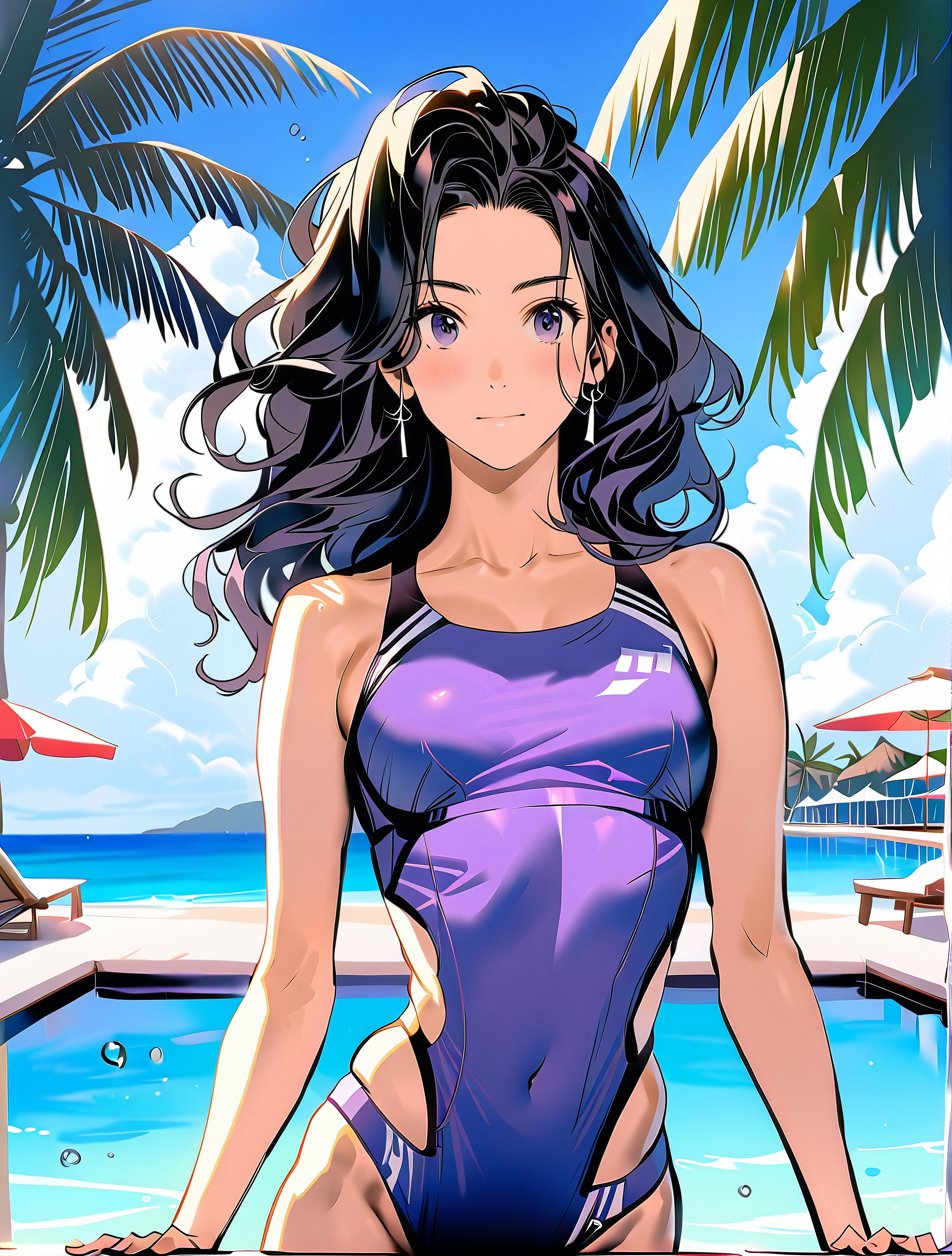 A serene anime girl with luscious, jet-black locks glistening with water droplets, donning a vibrant purple swimsuit that accentuates her toned physique. She effortlessly glides through the crystal-clear waters of the oceanfront pool, surrounded by sun-kissed beach umbrellas and tranquil palm trees at a picturesque resort on a warm, sunny day.