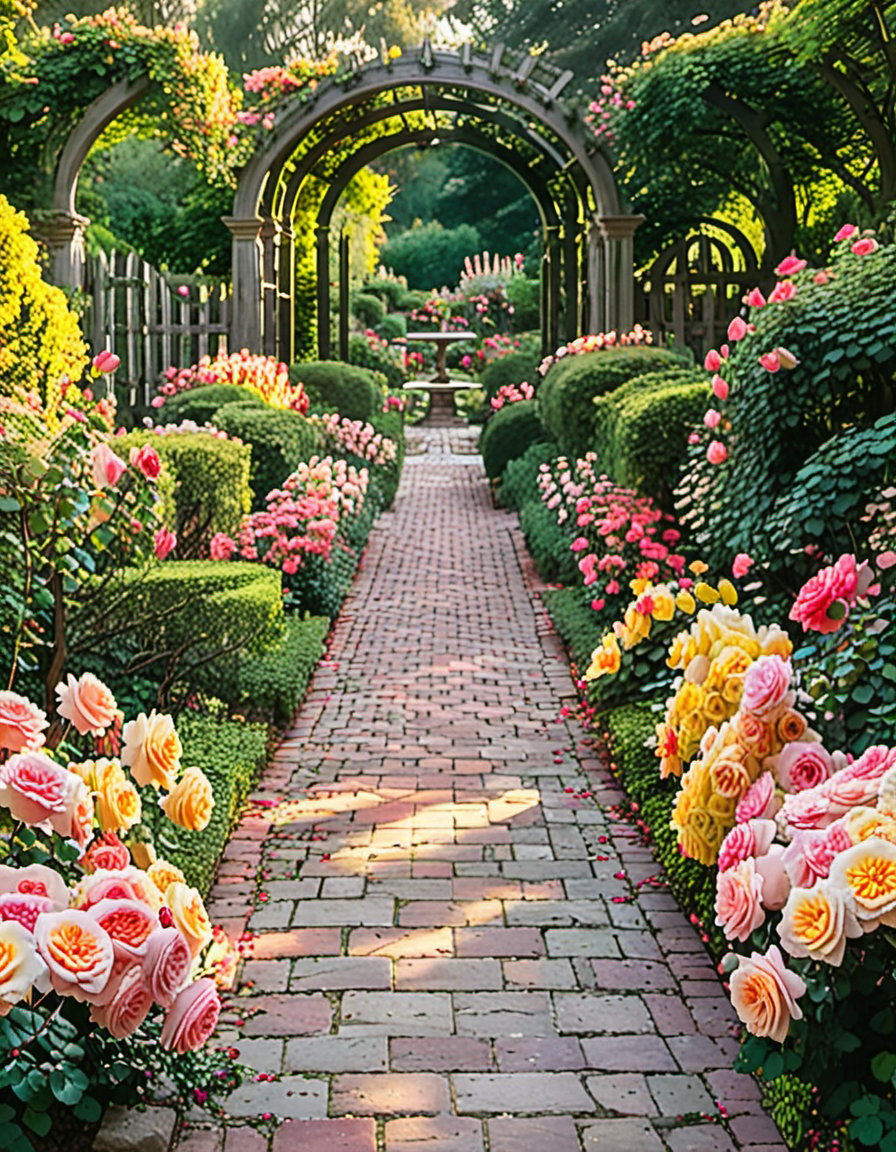 A serene morning sunlight illuminates a lush rose garden, showcasing vibrant blooms in shades of velvety red, soft pink, and sunshine yellow. Delicate petals unfurl amidst emerald green foliage, arranged artfully along winding stone pathways and rustic trellises. The gentle rustle of leaves fills the air as a subtle breeze whispers through the garden's tranquil atmosphere.