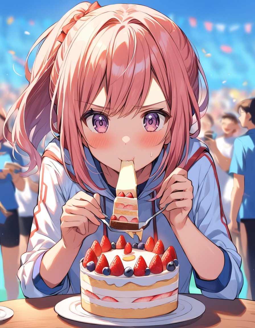 A cute Anime girl eating cake in a cake eating Competition at the Olympics by Ai boo on Tensor.Art