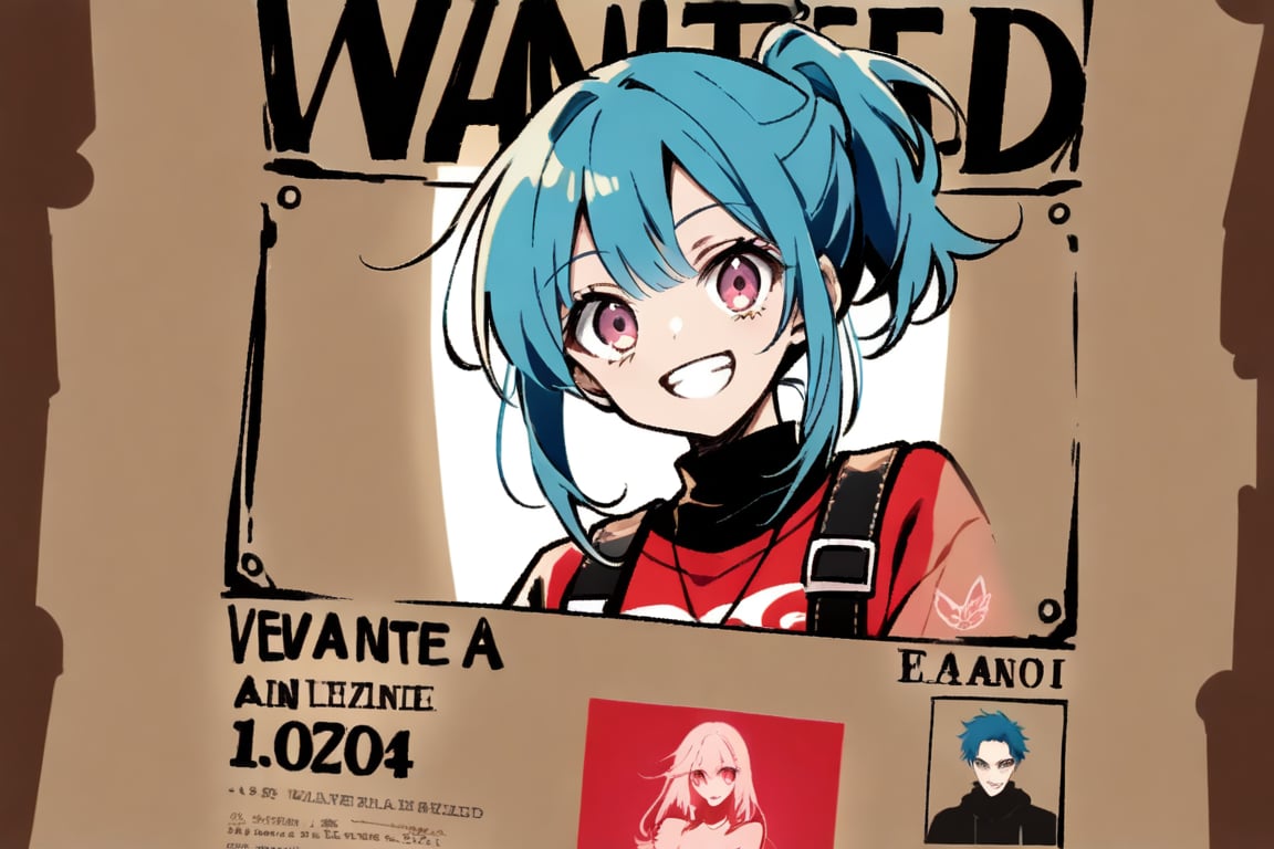 
Create a "wanted poster" in one-piece anime style, featuring "Nozomi Hikaru" with an energetic expression, blue hair, and pink eyes, she carries a big smile. she is wearing streetwear. there will be a frame all around the image.