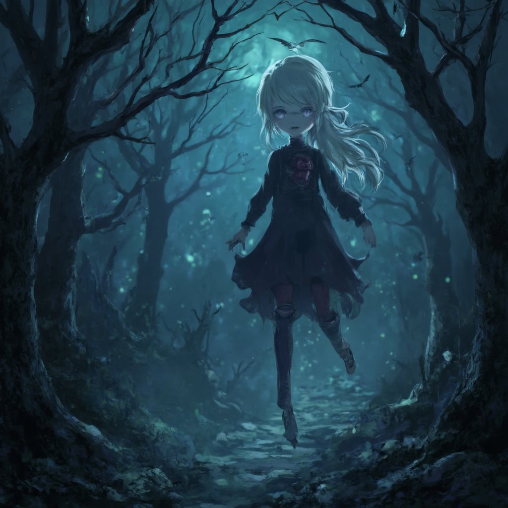 Halloween,  art style Evil Anime girls Flying at night in a spooky forest on broomsticks,  with glowing white eyes by Ai b...