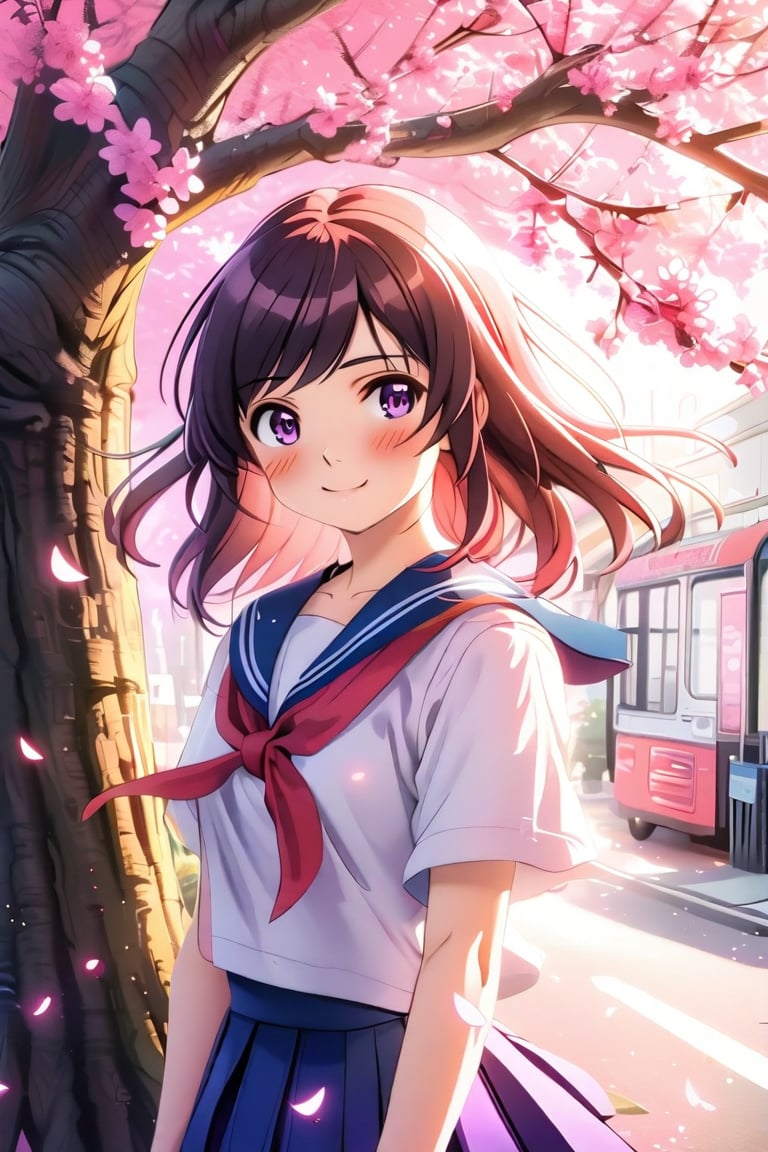 A cute anime girl next  to a cherry blossom tree