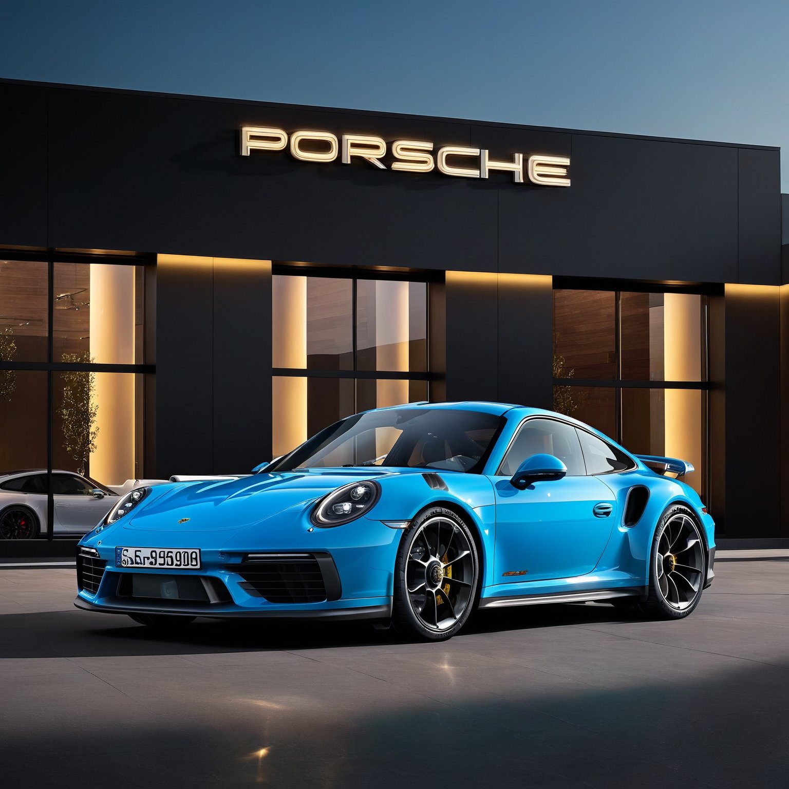 In a breathtakingly clear 8K high-resolution image, a sleek ((Matt)) coloured Porsche 911 sits majestically outside a gleaming luxury showroom. The sun shines brightly overhead, casting a warm glow on the vehicle's perfect wheels and precision-cut lines. Framed by the building's sleek facade, the 911 takes center stage, A sign on a wall reads Text "Big Race " Text,  view showing its powerful stance accentuated by the subtle curvature of the showroom's architecture.,Porsche,911