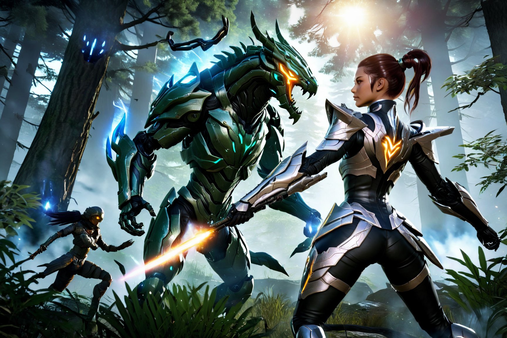 A dynamic battlefield set in a mystical forest with ancient trees and shimmering magical energies. Helera an AI combat partner, stands beside the player, her eyes glowing with intelligence and determination. She is dressed in a sleek, futuristic combat outfit with mystical runes etched on her armor. The player, equipped with a variety of weapons, issues a tactical command to Helera through a voice command. Helera responds instantly, launching a precise attack on a fearsome mythical creature. The background features other AI partners and players engaged in strategic combat, highlighting the deep collaboration and teamwork. Text Overlay: "Experience Unmatched Collaboration with AI Combat Partners" "Real-Time Tactical Responses and Precise Combat Support" "MageCosmos: Ultimate Nexus"