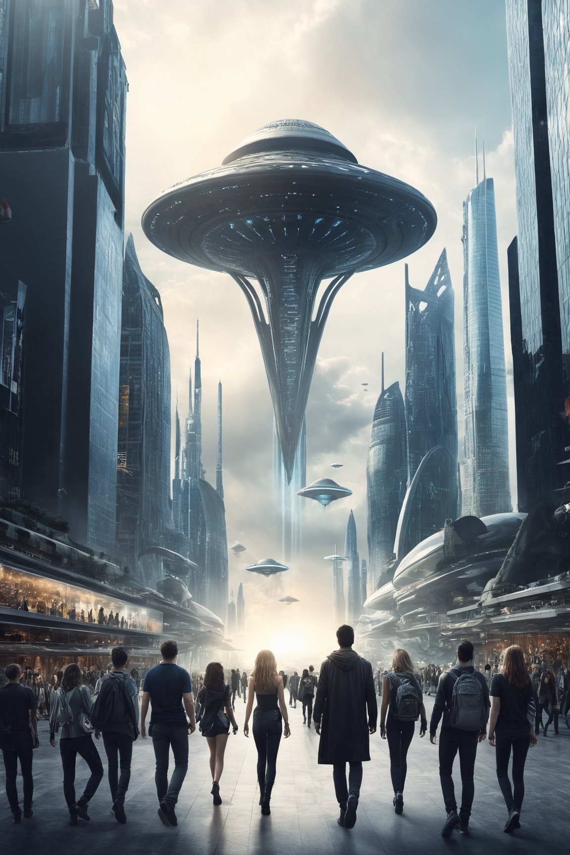 create an image with different people,  aliens,  fantastic magical beings walking in the center of an futuristic urban cit...