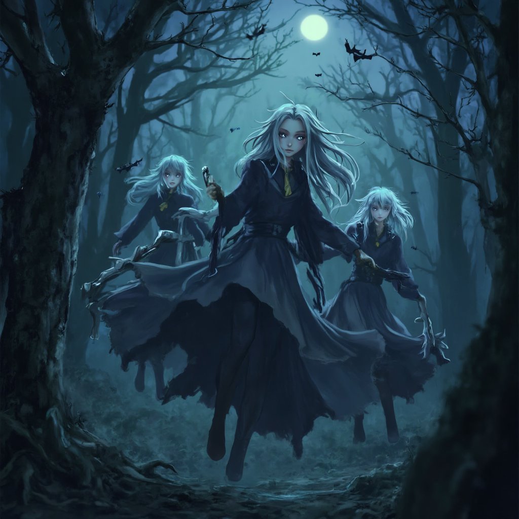 Halloween,  art style Evil Anime Witches Flying at night over a spooky forest on ((broomsticks)),  with glowing white eyes...