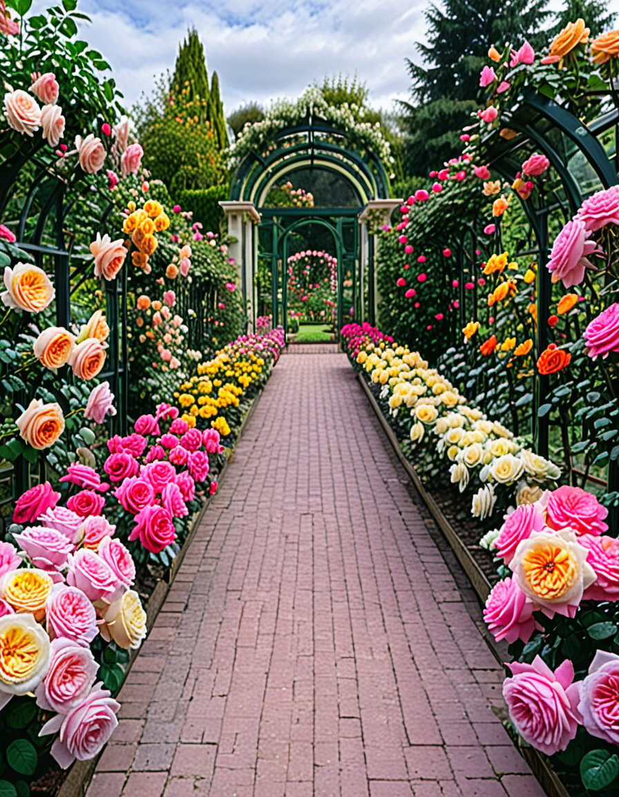 A beautiful rose garden with different colours of roses