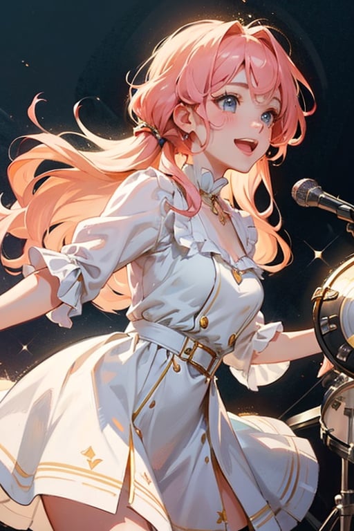 A close-up shot of a sweet-faced anime girl wearing a sparkly outfit  drum kit on stage, Her long hair bounces with each hit as she plays a lively rhythm, her eyes shining with excitement. Soft pastel colors and whimsical lighting create a dreamy atmosphere, while the composition emphasizes her joyful energy.