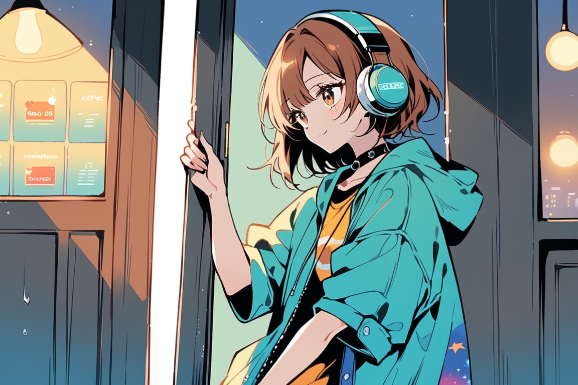 
An American manga-style illustration with a retro 1990s aesthetic. The scene features a calm and serene K-pop idol with long, side-parted brown hair and oversized vintage headphones. She is homeless, looking for help, She's leaning against the entrance of a cosy, dimly lit café, while a stray cat looks up at her, with soft lighting coming through, creating a peaceful atmosphere on a rainy day. The idol has a gentle smile, and her pose reflects a sorrowful mood.