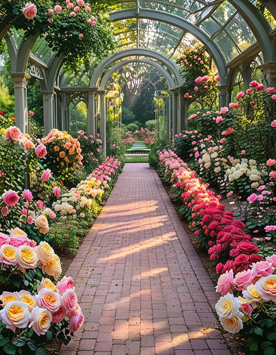 A serene and vibrant rose garden, framed by a tranquil pond's edge and lush greenery, featuring a kaleidoscope of colors: crimson red roses, soft pink petals, sunny yellow blooms, and delicate white buds. Warm sunlight filters through the leafy canopy above, casting gentle shadows on the velvety petals.