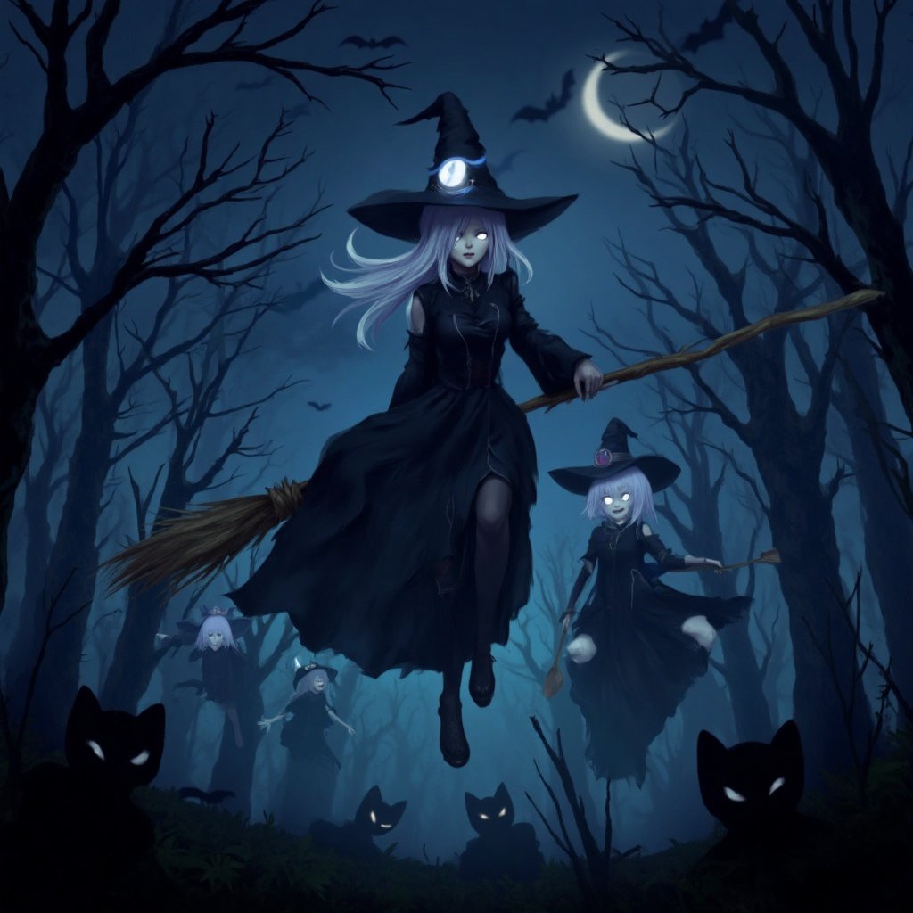 Halloween,  art style,  Evil Anime Witches Flying on ((broomsticks)) at night over a spooky forest with glowing white eyes...