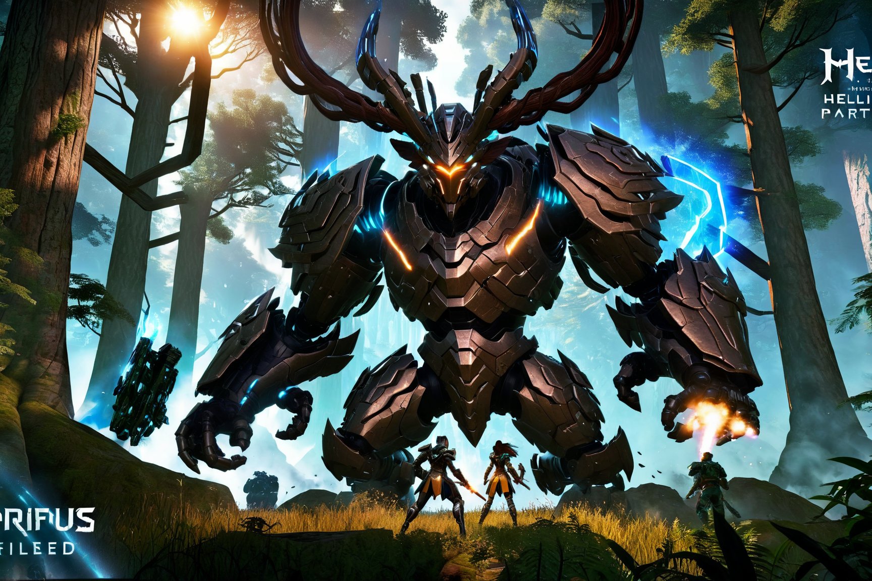 A dynamic battlefield set in a mystical forest with towering ancient trees and shimmering magical energies. Helera an AI combat partner, stands beside the player, her eyes glowing with intelligence and determination. She is dressed in a sleek, futuristic combat outfit with mystical runes etched on her armor. The player, equipped with a variety of weapons, issues a tactical command to Helera through a voice command. Helera responds instantly, launching a precise attack on a fearsome mythical creature. The background features other AI partners and players engaged in strategic combat, highlighting the deep collaboration and teamwork. Text Overlay: "Experience Unmatched Collaboration with AI Combat Partners" "Real-Time Tactical Responses and Precise Combat Support" "MageCosmos: Ultimate Nexus"