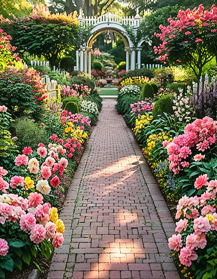 A serene morning sunlight illuminates a lush flower garden, showcasing vibrant blooms in shades of velvety red, soft pink, and sunshine yellow. Delicate petals unfurl amidst emerald green foliage, arranged artfully , The gentle rustle of leaves fills the air as a subtle breeze whispers through the garden's tranquil atmosphere.