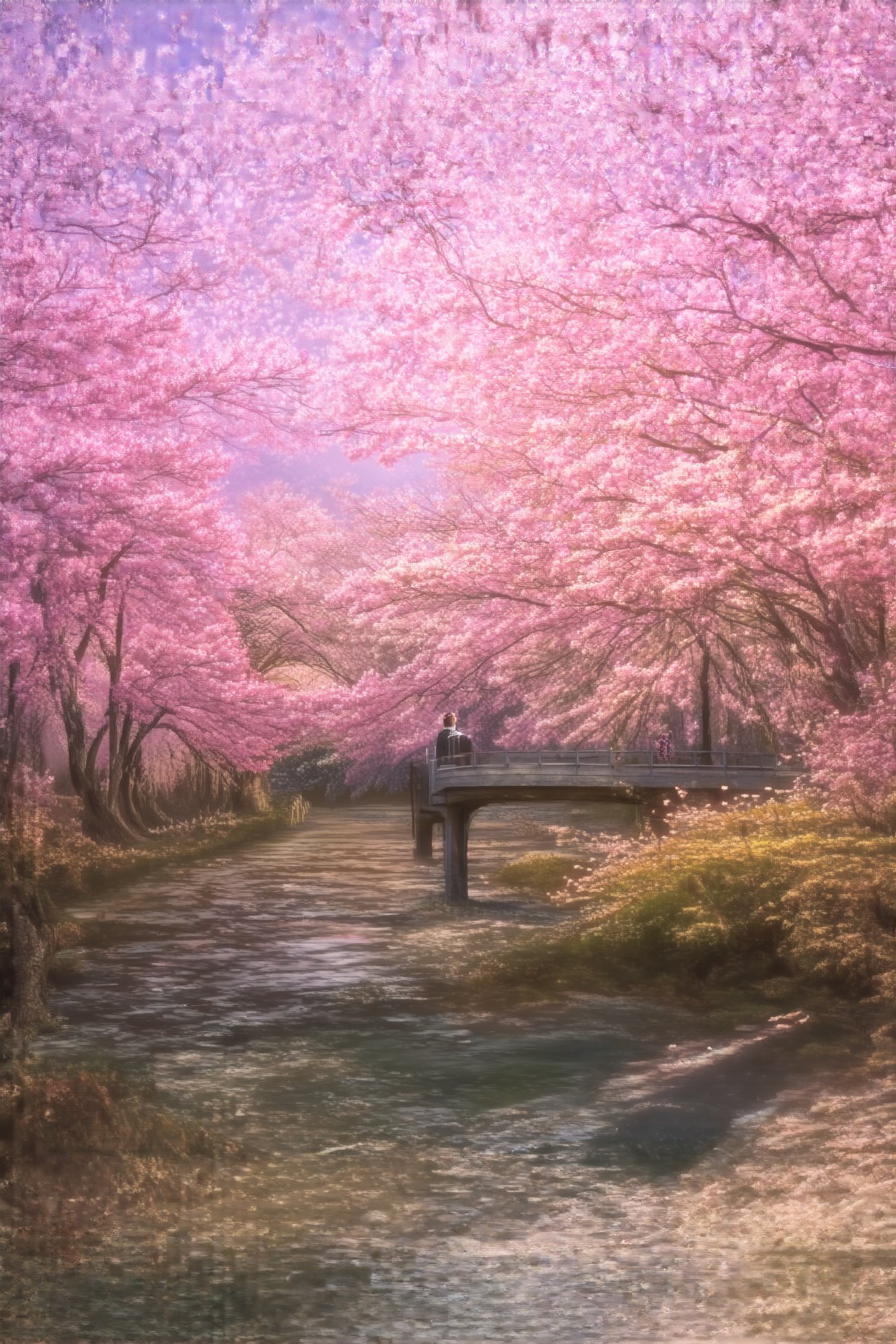 "Design a stunning 4K anime scene of a vibrant cherry blossom grove at sunset. Soft pink petals drift through the air, while golden light filters through the trees, casting a warm glow over a peaceful river winding through the landscape. A solitary figure stands on a bridge, admiring the serene beauty of nature."