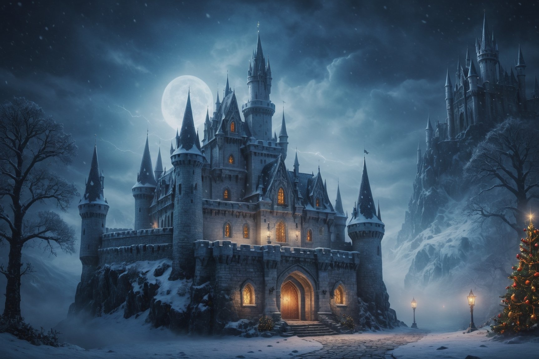 (Christmas Castle ), high elven castle of white stone with towers and spires, 4k, masterpiece, mystic, mysterious, enchanting, ethereal, dark colorful, Snowy dark foggy atmosphere, best quality,extremely intricate, realistic, lamps, Night time, (detailed), Magical Fantasy style,detailmaster2, Lightning, Dungeon and Dragons, falling snow