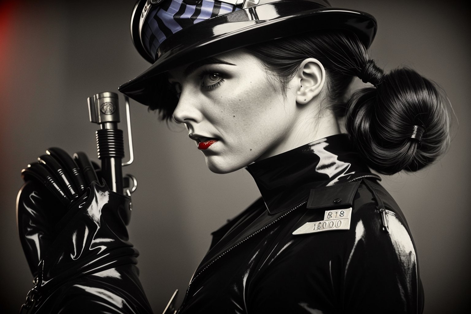 1800´s london detective strange retro-futuristic scene female officer rubbersuit whole body colored black and white by nek...