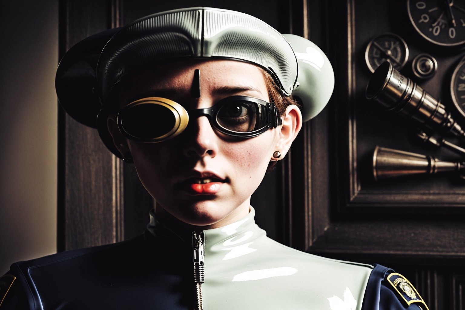 1800´s london detective strange retro-futuristic scene female officer rubbersuit whole body colored black and white by nek...