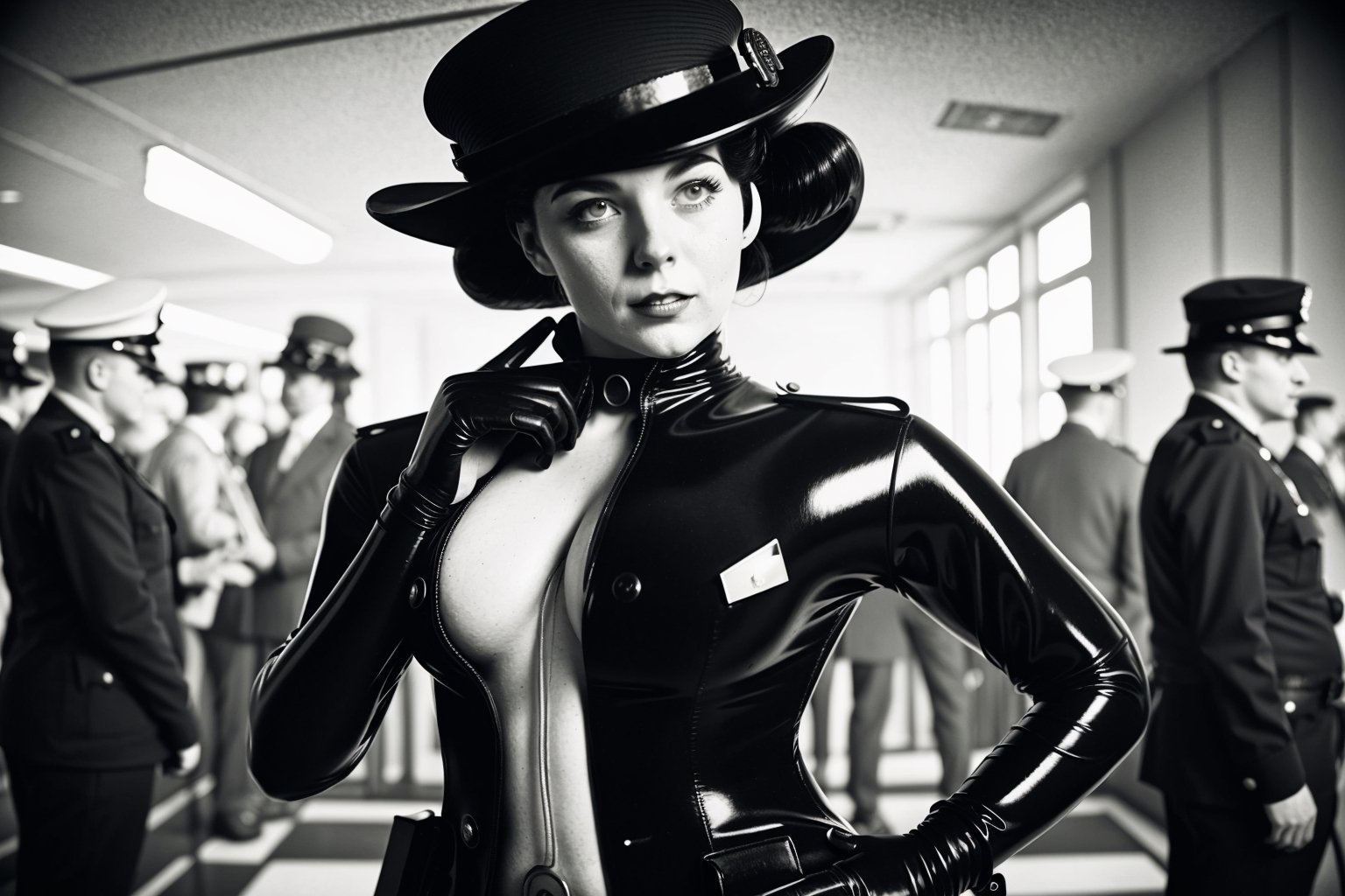 1800´s london detective strange retro-futuristic scene female officer rubbersuit whole body colored black and white by nek...