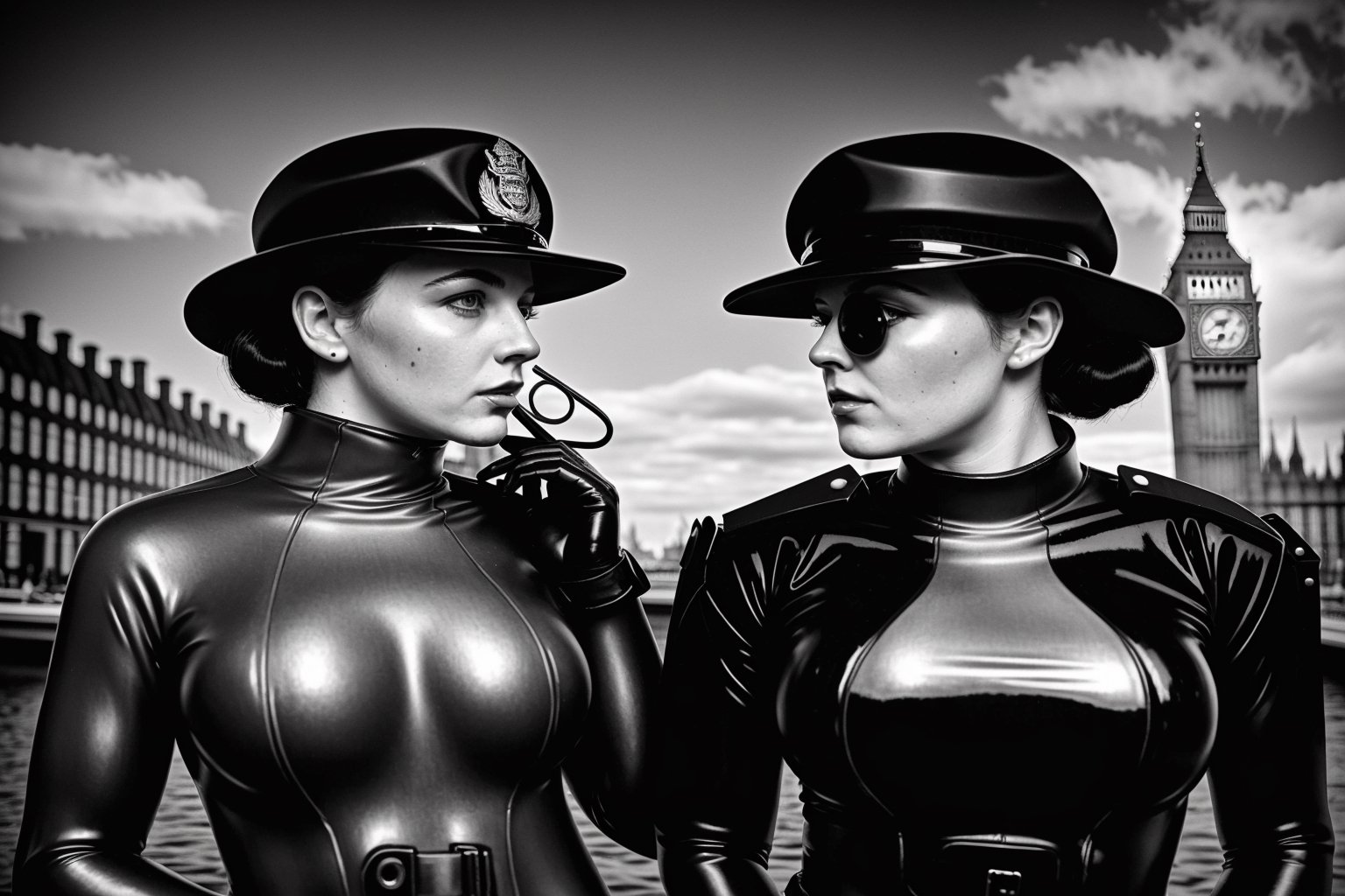 1800´s london detective strange retro-futuristic scene female officer rubbersuit whole body colored black and white by nek...