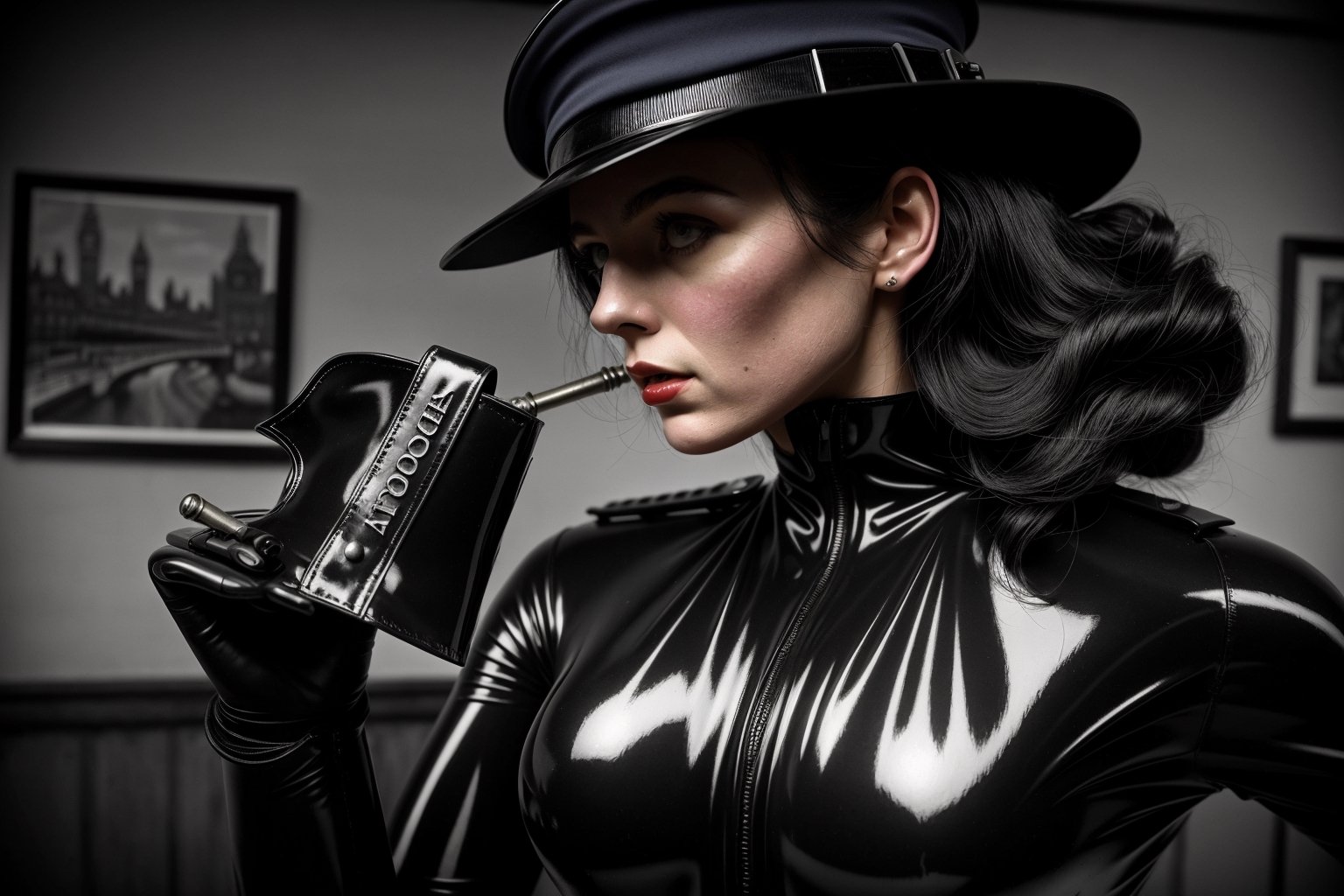 1800´s london detective strange retro-futuristic scene female officer rubbersuit whole body colored black and white by nek...
