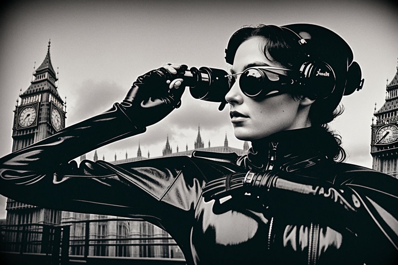 1800´s london detective strange retro-futuristic scene female officer rubbersuit whole body colored black and white by nek...