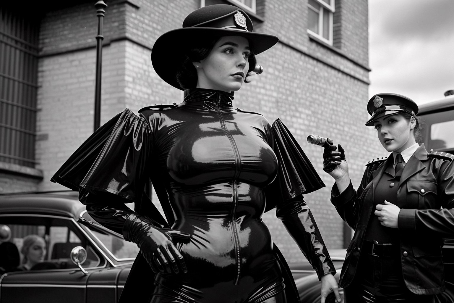 1800´s london detective strange retro-futuristic scene female officer rubbersuit whole body colored black and white by nek...