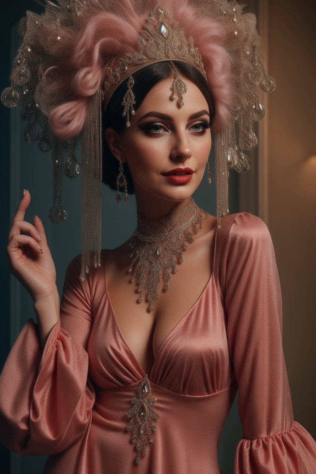 glamour model wearing stylish nightgown and headpiece,  facial features done with ultra quality and all details with great...