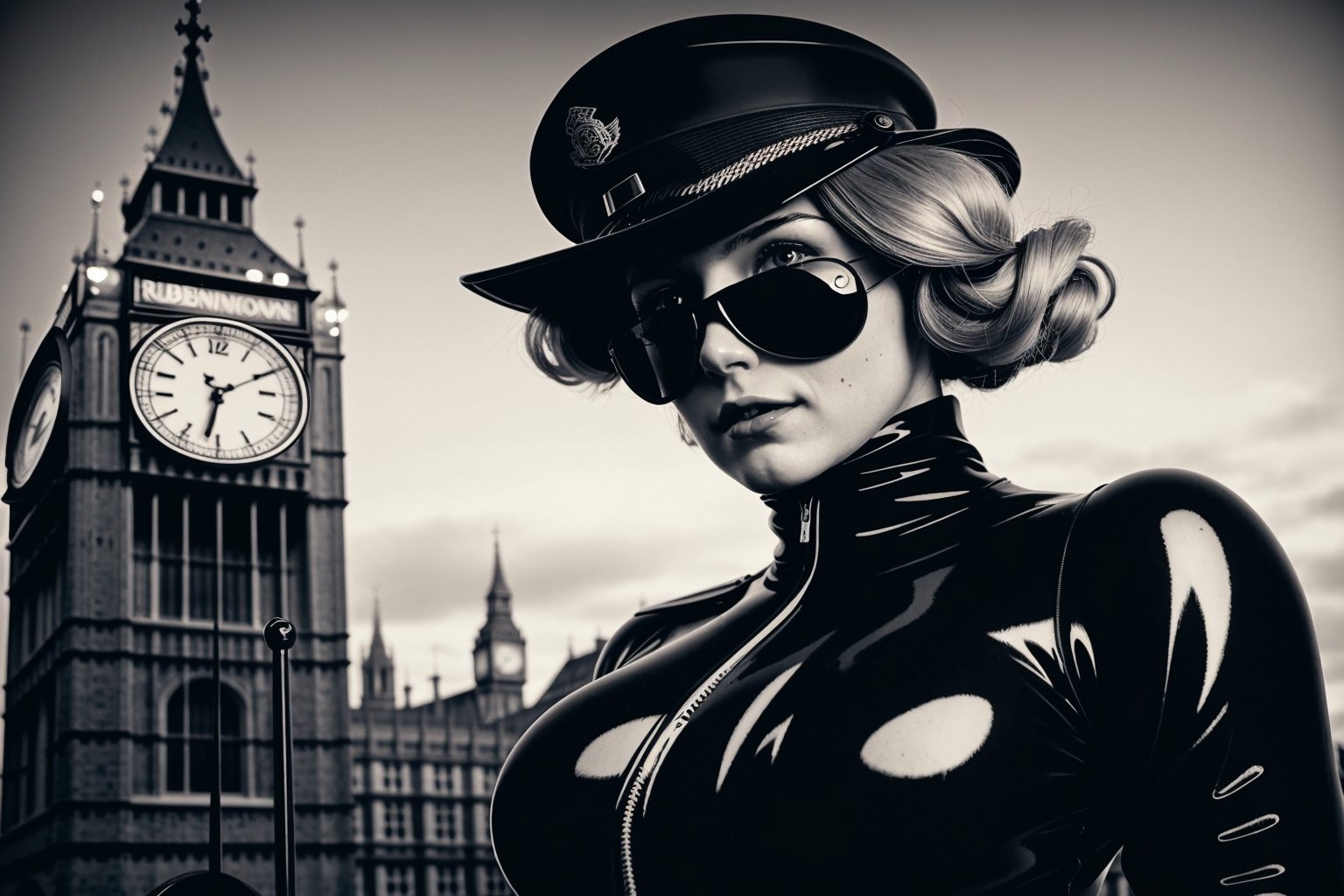 1800´s london detective strange retro-futuristic scene female officer rubbersuit whole body colored black and white by nek...