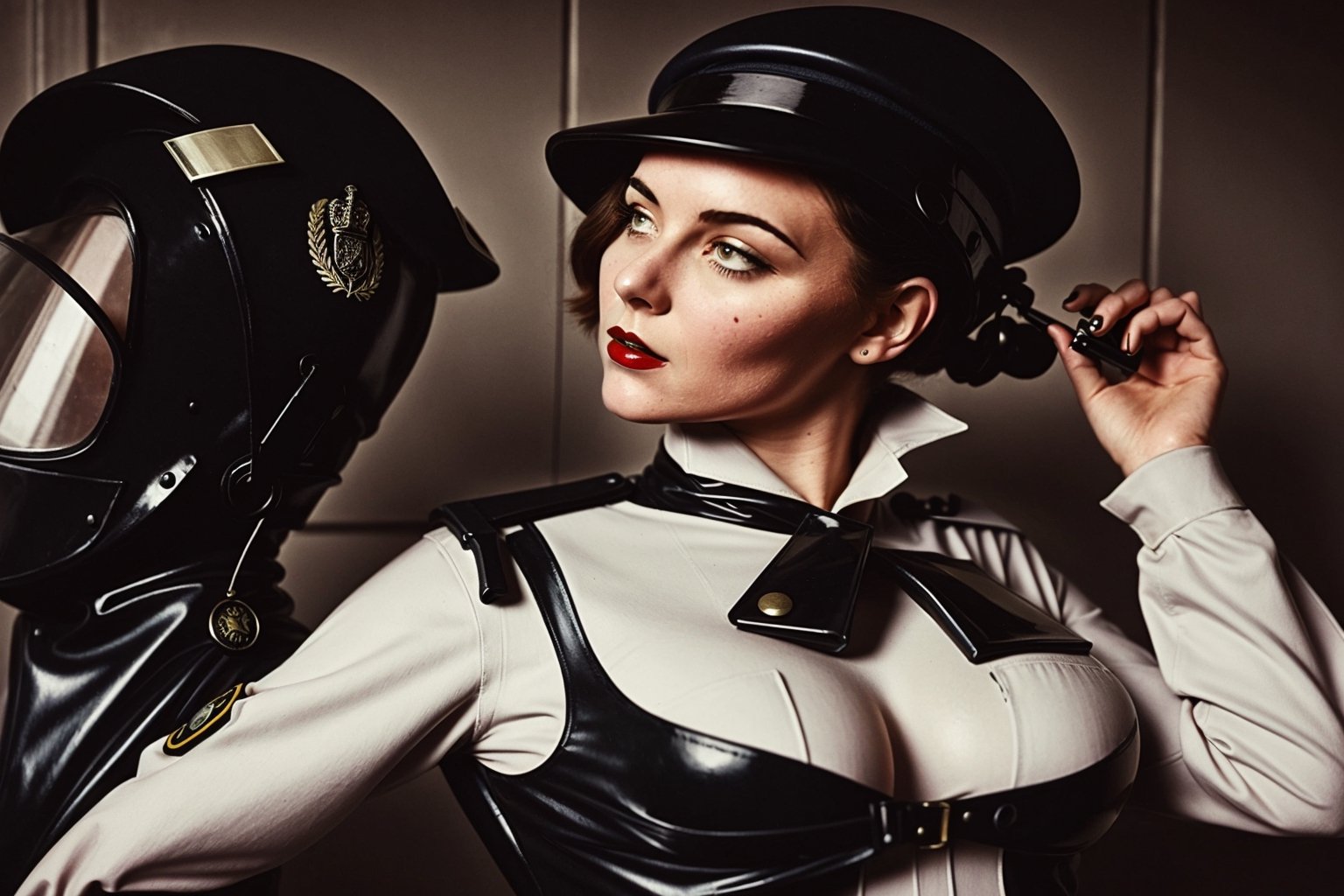 1800´s london detective strange retro-futuristic scene female officer rubbersuit whole body colored black and white by nek...