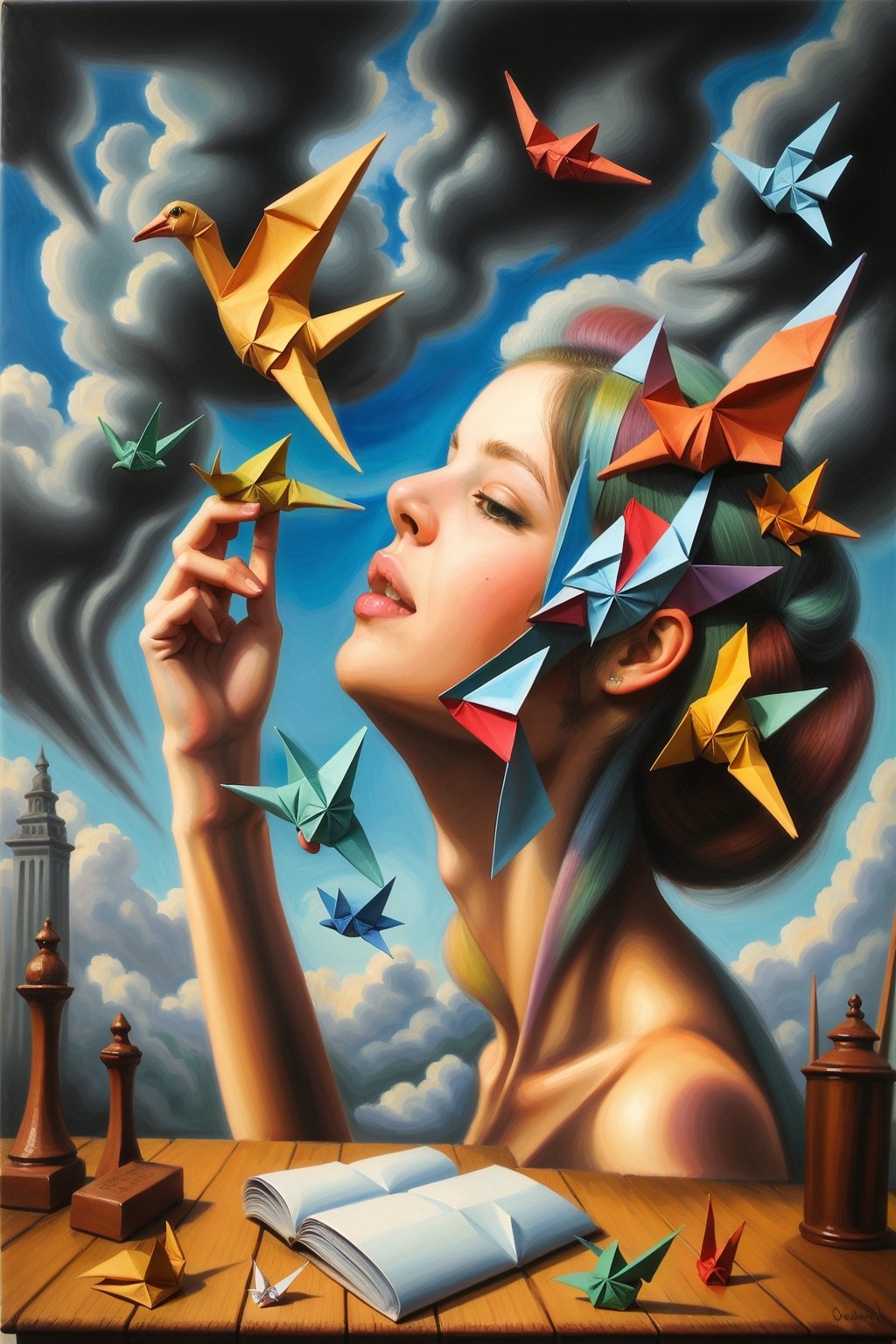 strange oilpainting where woman and her paper origami birds flying in the sky