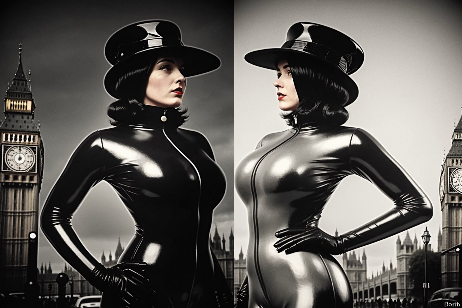 1800´s london detective strange retro-futuristic scene female officer rubbersuit whole body colored black and white by nek...