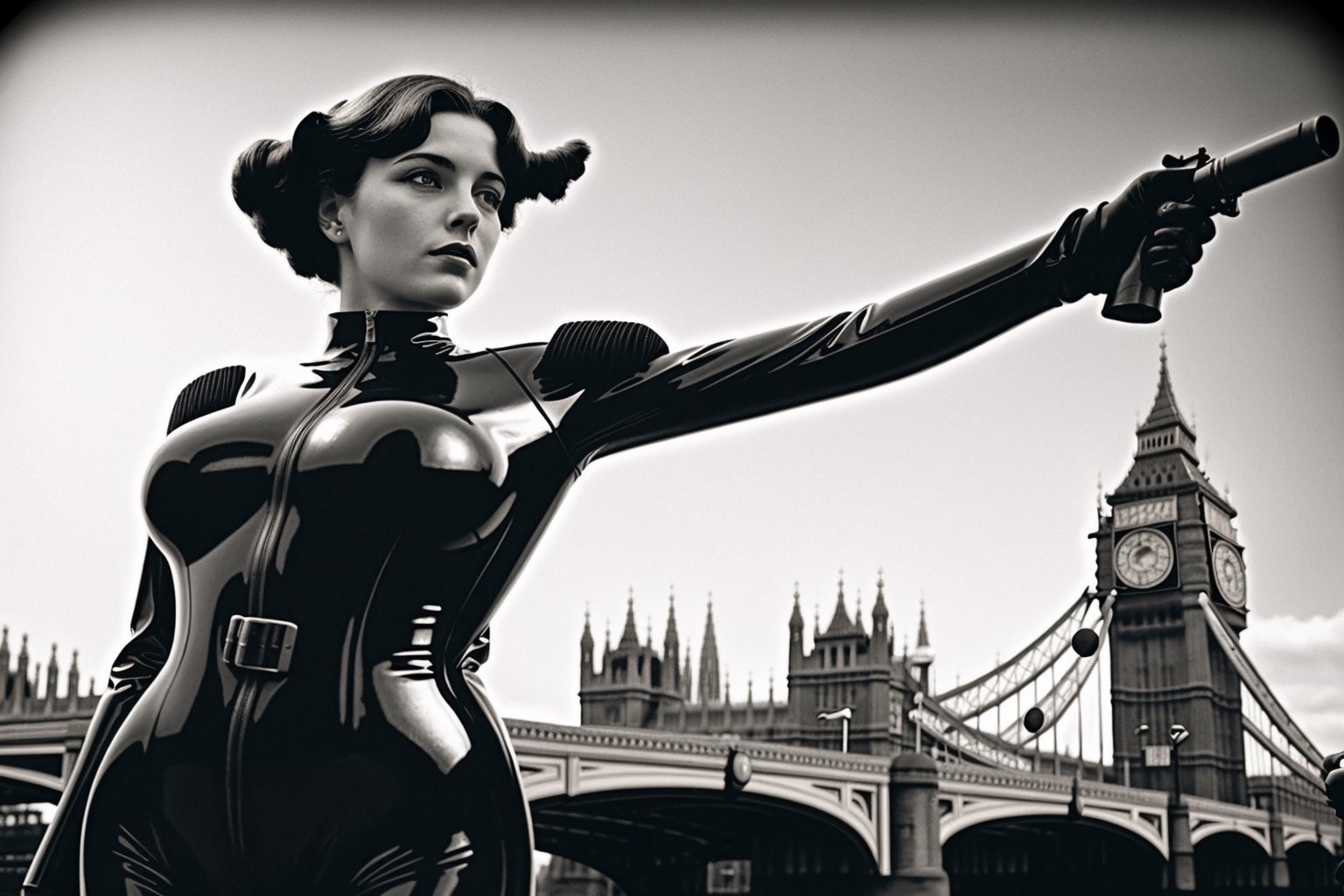 1800´s london detective strange retro-futuristic scene female officer rubbersuit whole body colored black and white by nek...