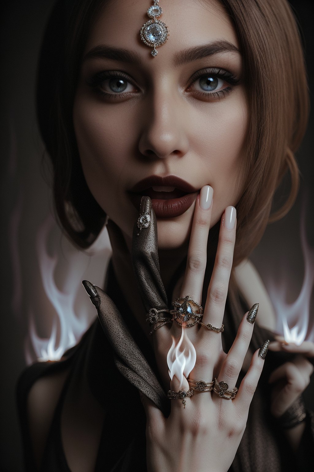 Madam Goobash as half human and half wraith wearing ring of wraith essence that glows eerie white light obscure design tha...