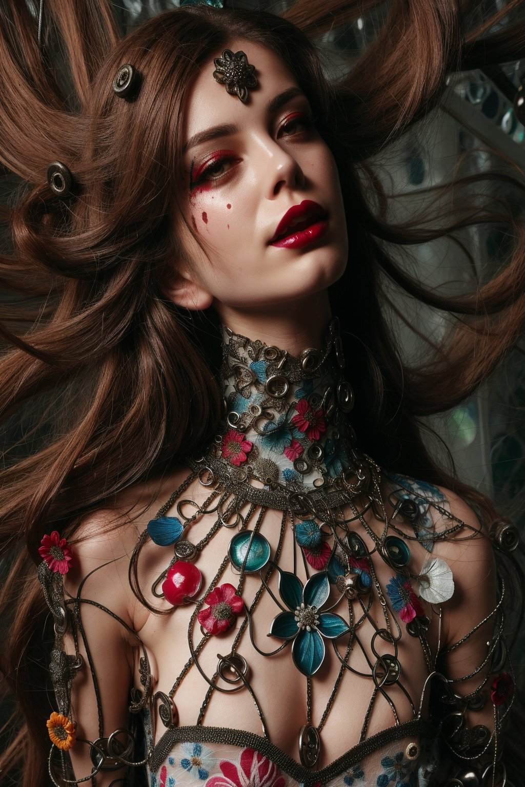 a woman wearing floral dress and long hair open,rubber and rubber like materials,stained glass,metal links and pieces,fashion photo shoot fantasy queen