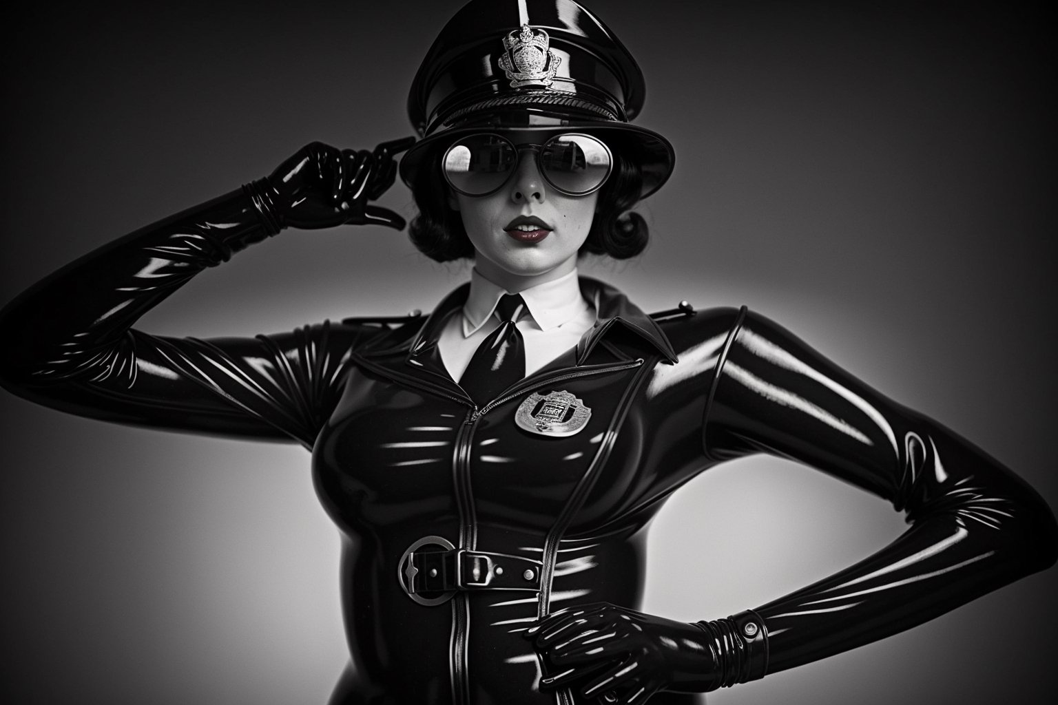 1800´s london detective strange retro-futuristic scene female officer rubbersuit whole body colored black and white by nek...