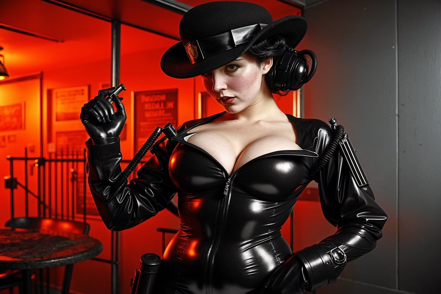 1800´s london detective strange retro-futuristic scene female officer rubbersuit whole body colored black and white by nek...