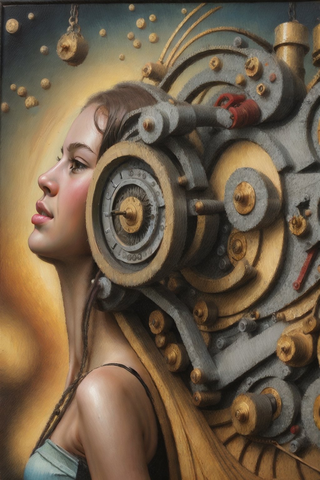 strange oilpainting where woman has fantastic machinery in her head and creates wonderful things