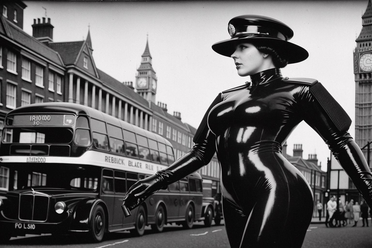 1800´s london detective strange retro-futuristic scene female officer rubbersuit whole body colored black and white by nek...