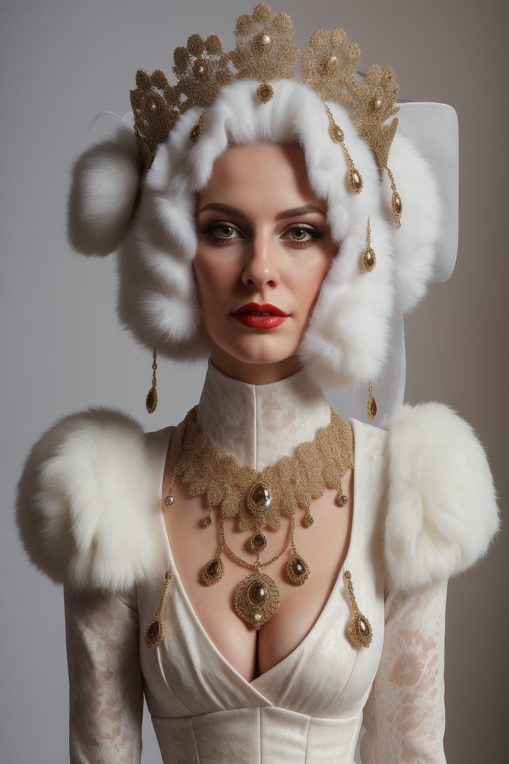glamour model wearing 1700´s queen outfit and headpiece,  facial features done with ultra quality and all details with gre...