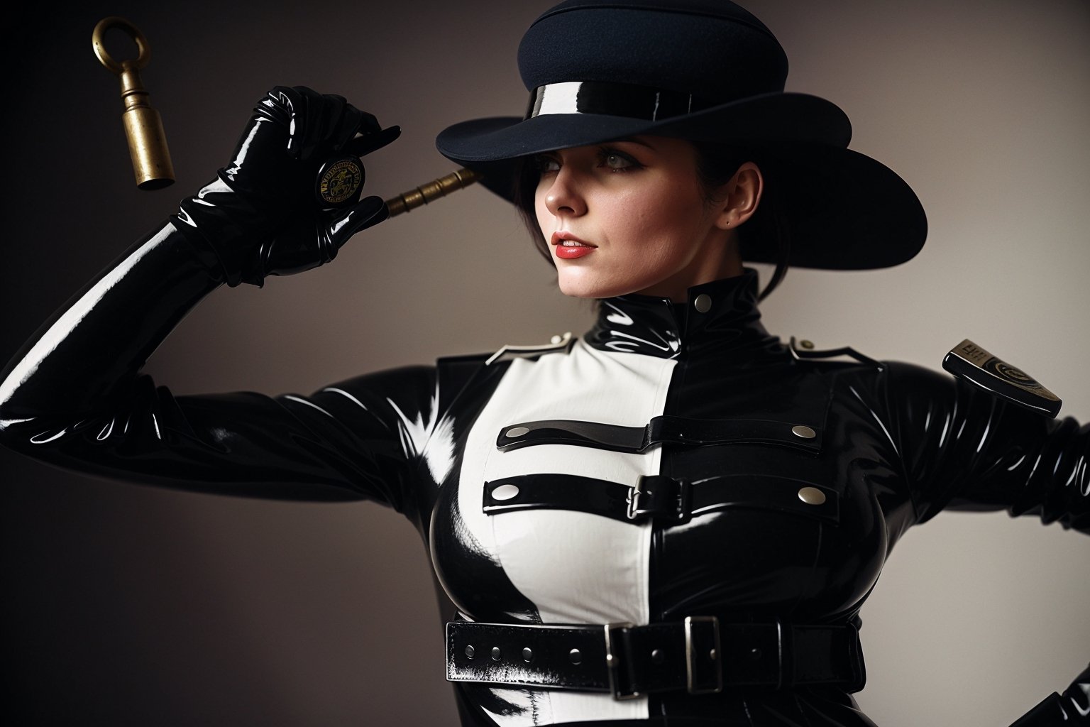 1800´s london detective strange retro-futuristic scene female officer rubbersuit whole body colored black and white by nek...