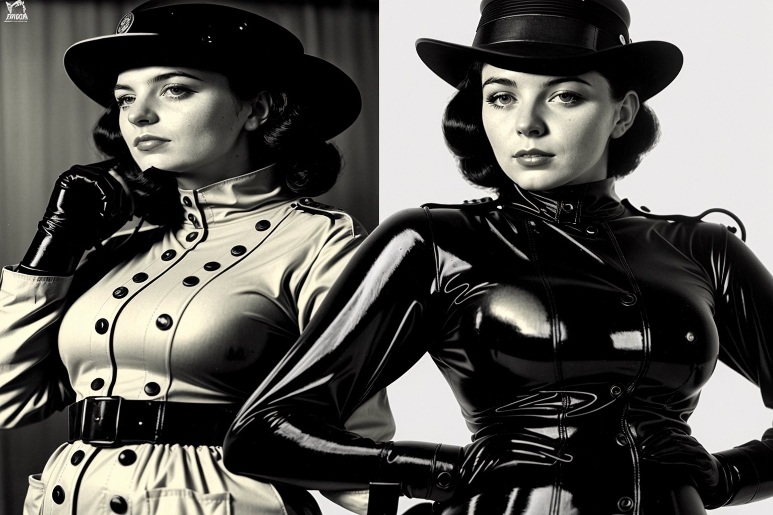 1800´s london detective strange retro-futuristic scene female officer rubbersuit whole body colored black and white by nek...