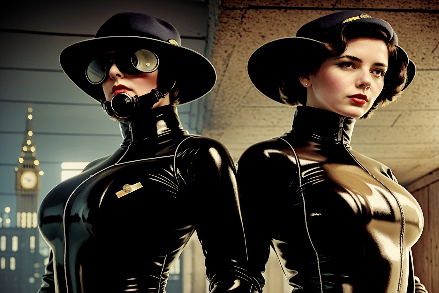 1800´s london detective strange retro-futuristic scene female officer rubbersuit whole body colored black and white by nek...