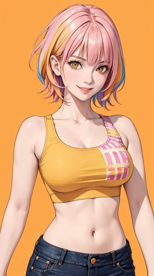 Girl wearing a crop top, smile, looking at viewer, large breasts, short hair,pink hair,streaked hair,multicolored hair,yellow eyes,photo, realistic, masterpiece, best quality, super detail, (soft orange background),1girl