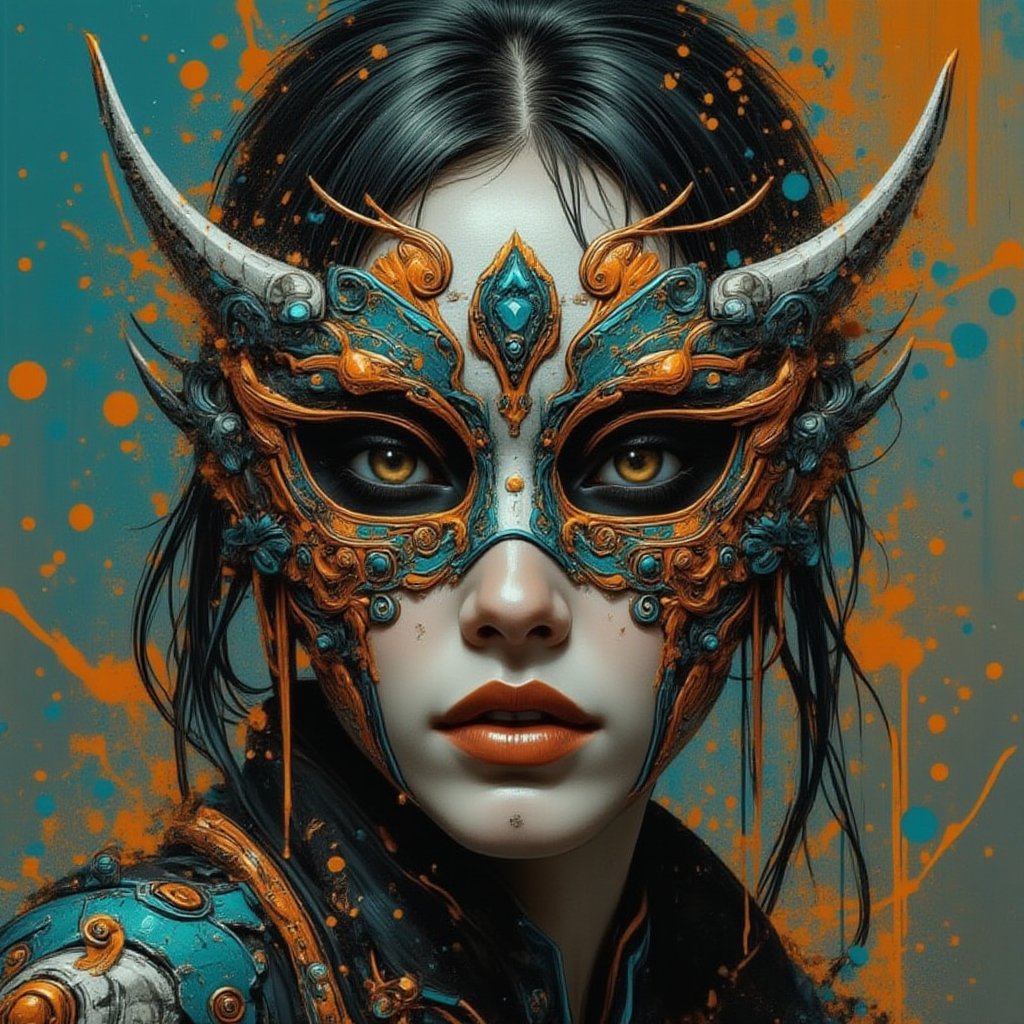 panthersplash, A woman's face is obscured by a stunning, intricately designed mask that appears to be made of delicate porcelain and gilded metal. 