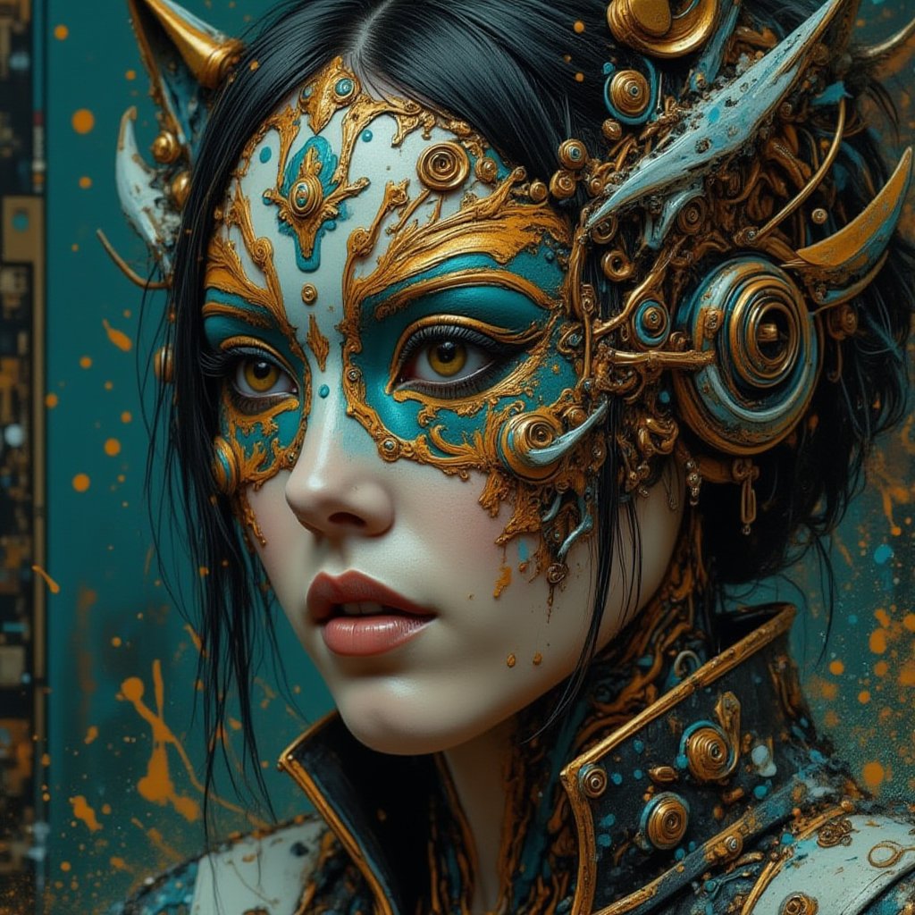 panthersplash, A woman's face is obscured by a stunning, intricately designed mask that appears to be made of delicate porcelain and gilded metal. 